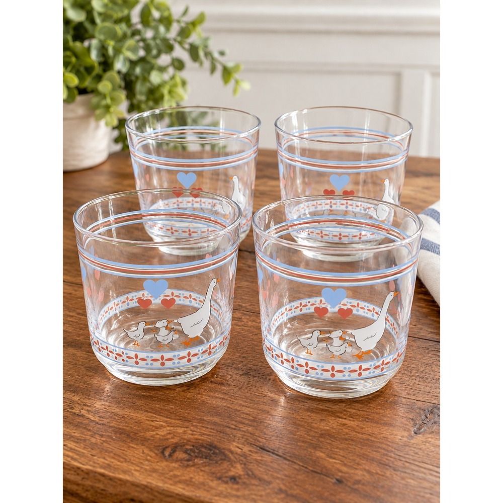 4 Vintage 80s Granny Core Luminarc Arcopal Hearts & Geese Tumbler Juice Glasses